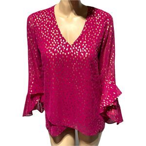 Vince Camuto Flutter Sleeve Top Size S Fuchsia Pink Gold Shimmer Dot Layered NWT